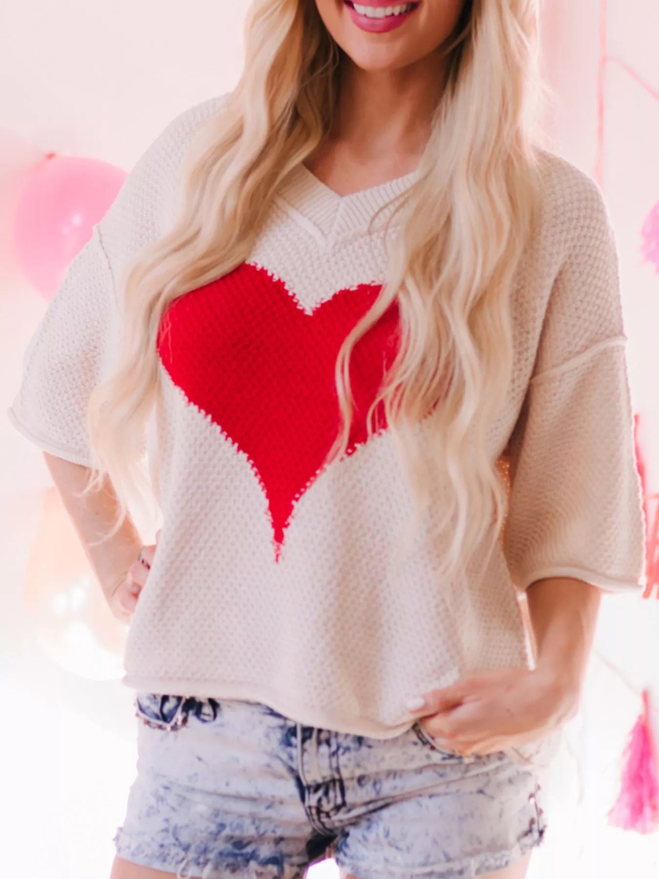 V-Neck Dropped Sleeve Heart Print Valentines Sweater in Beige for Women