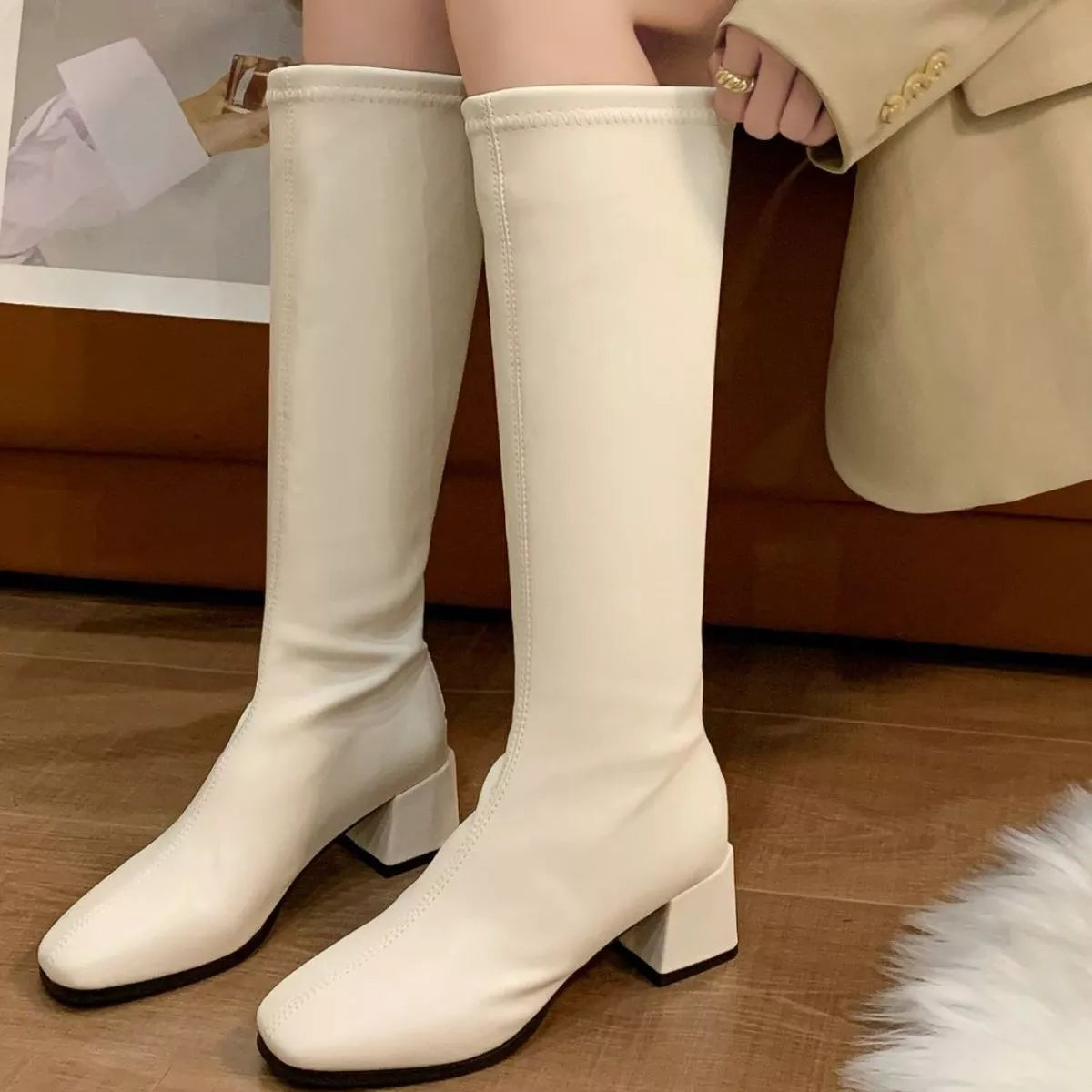 Square Toe Block Heels Boots in White for Women