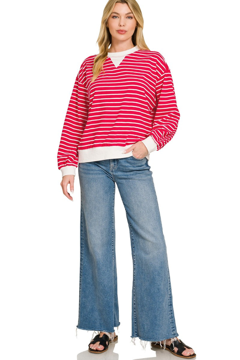 Striped Rib Banded Sweatshirt in Ruby for Women