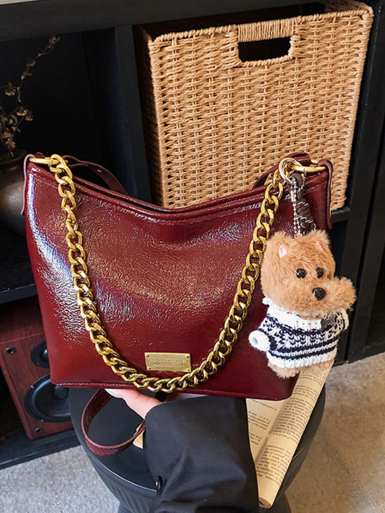 Chain Decor Shoulder Bag with Bear Charm in Burgundy for Women