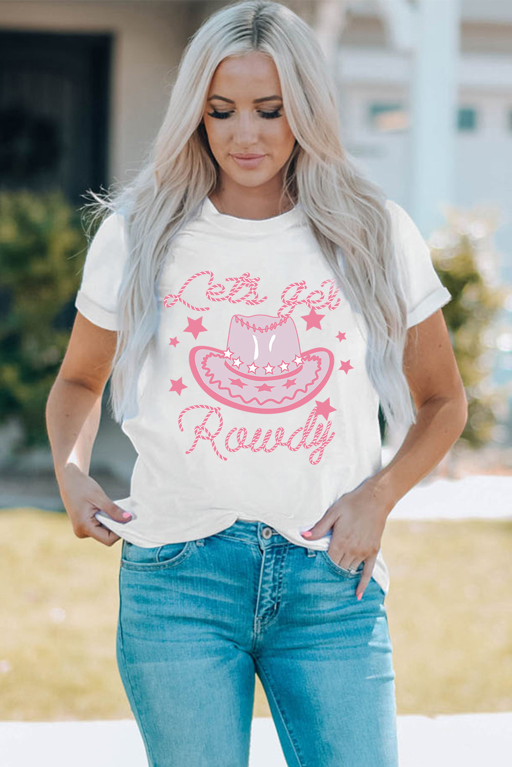 Cowboy Hat Graphic Round Neck Tee in White for Women