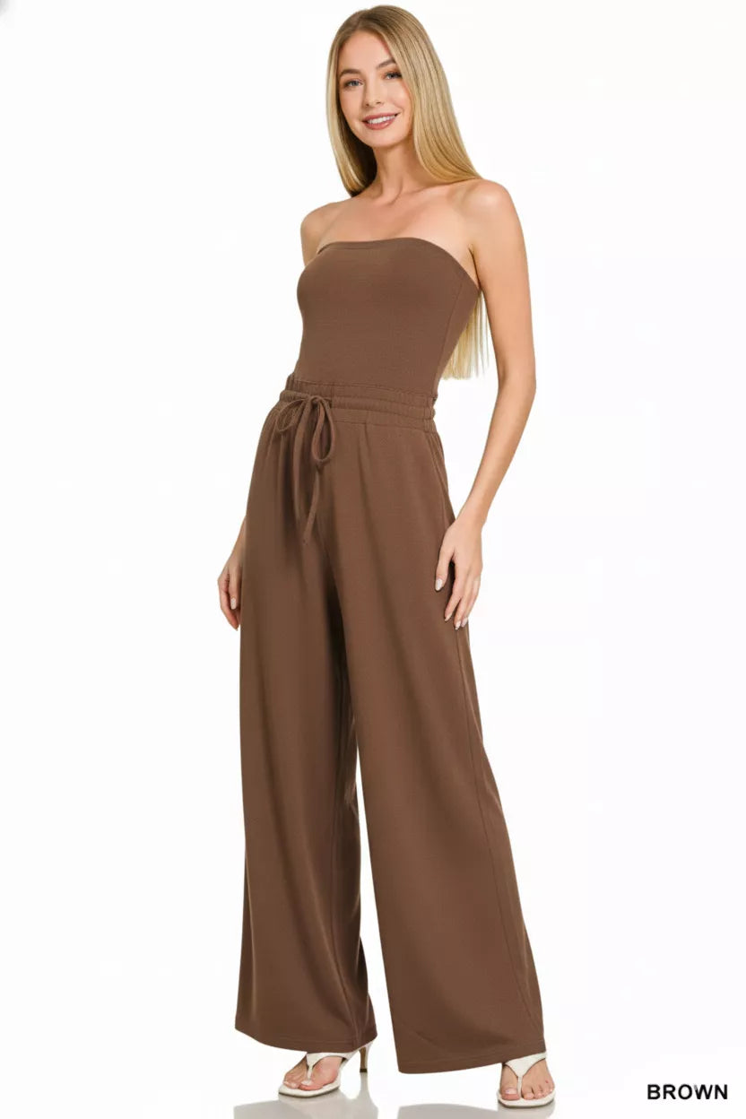 Tube Top Jumpsuit with Drawstring Waist in Brown for Women