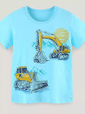 Excavator Print Short Sleeve T-Shirt in Pastel Blue for Boys