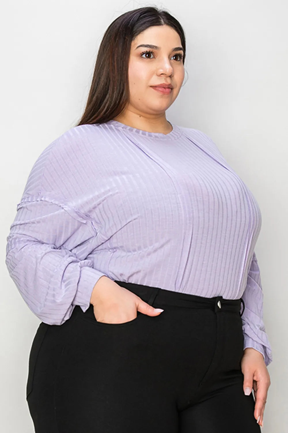 Plus Size Ribbed Round Neck Long Sleeve T-Shirt in Lavender for Women