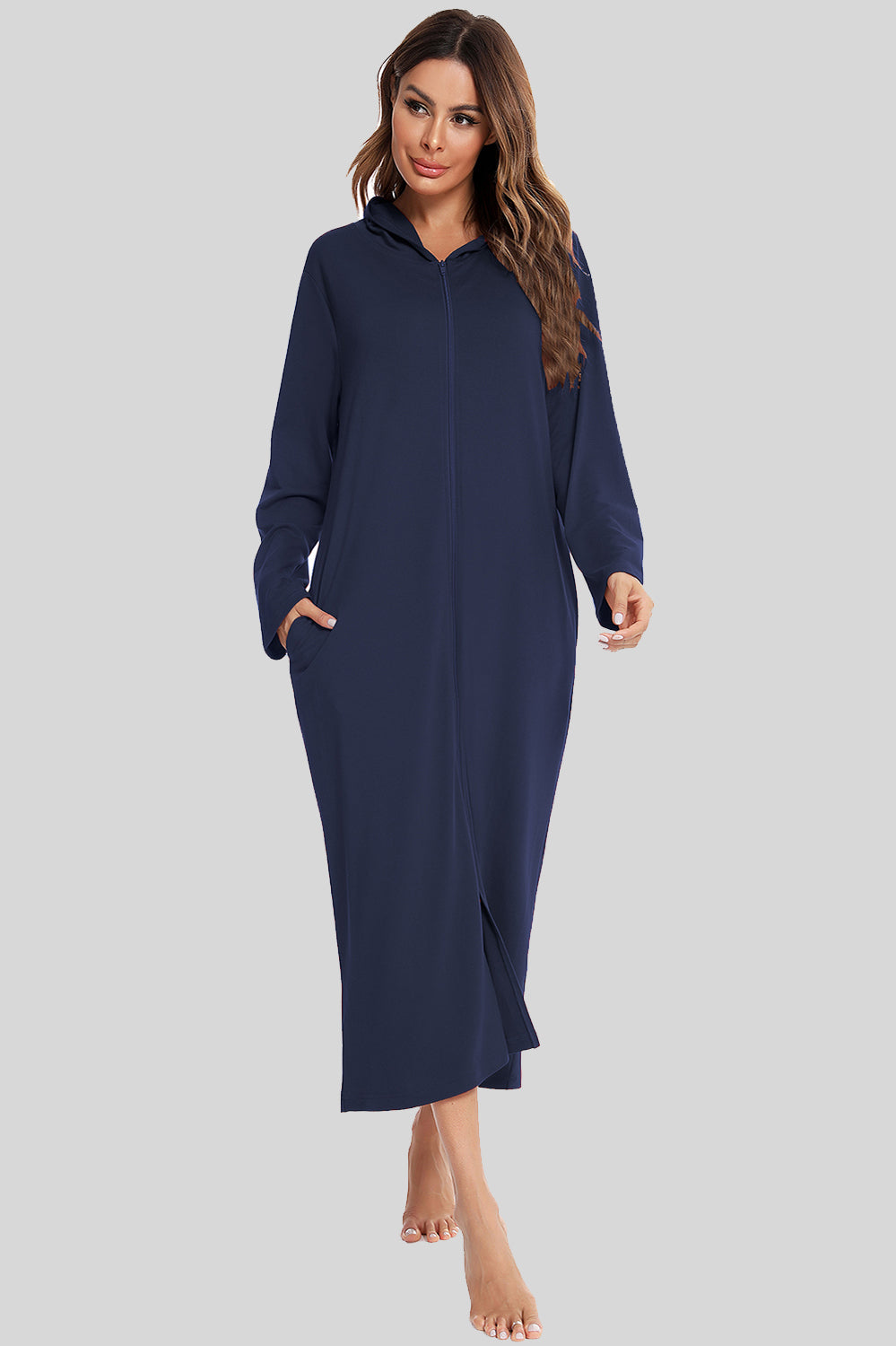 Zip Front Hooded Night Dress with Pockets in Light Gray in Charcoal for Women