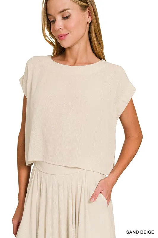 Woven Crinkle Gauze Crop Tee and Skirt Set in Sand Beige for Women