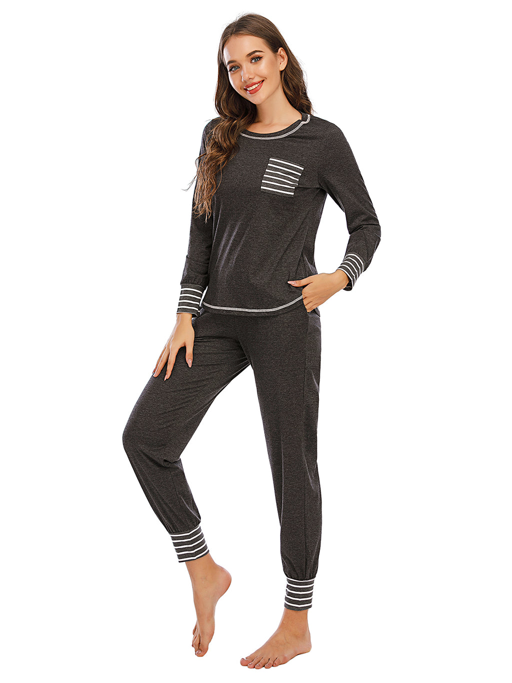 Round Neck Top and Pants Lounge Set in Charcoal for Women