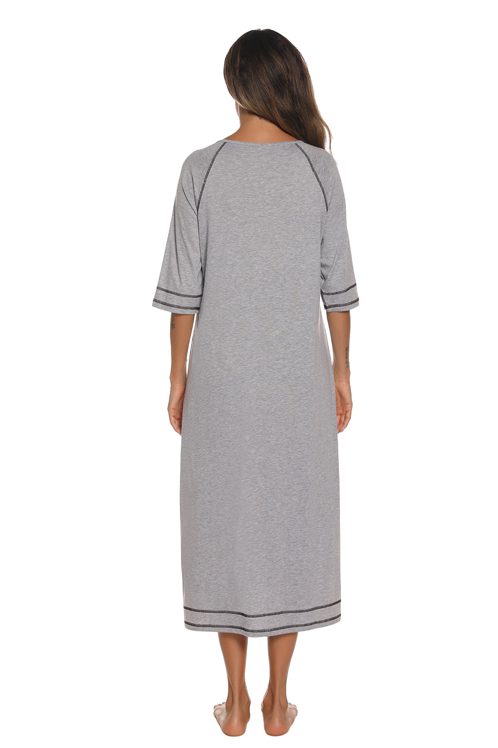 Zip Up Slit Round Neck Night Dress with Pockets in Heather Gray for Women