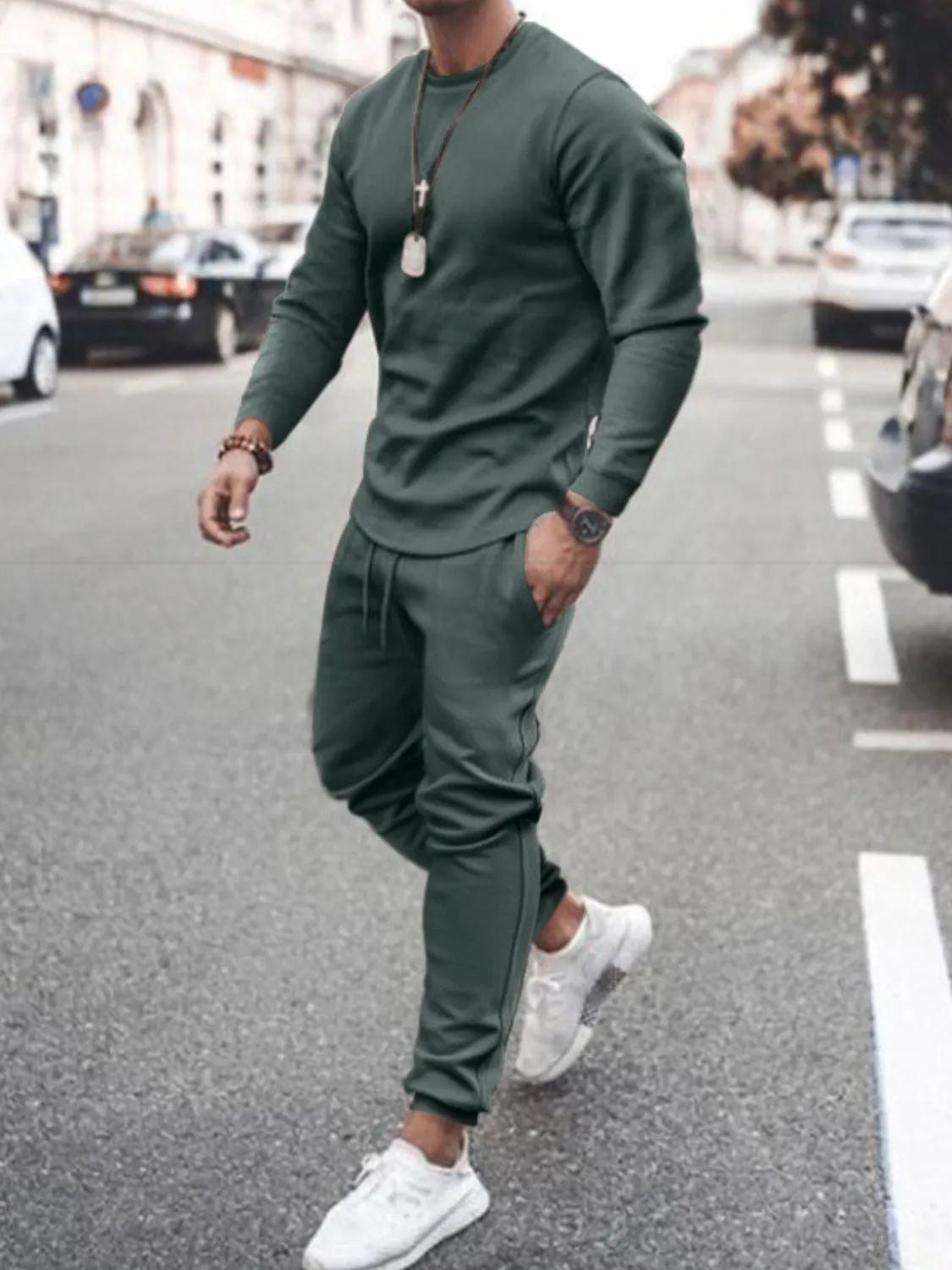 Round Neck Long Sleeve Top and Pants Set Plus Size in White in Black for Men