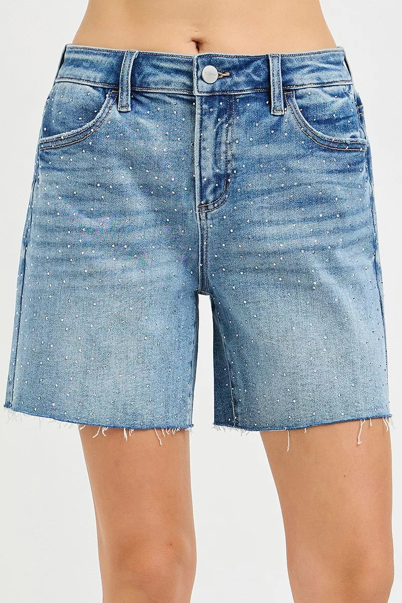 Slouchy Mid Length All Over Rhinestones Shorts in Medium for Women