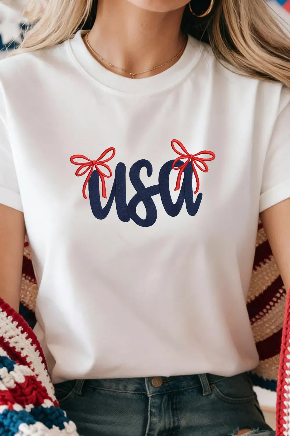 USA Lettering Bow Embroidered T-Shirt in White for Women