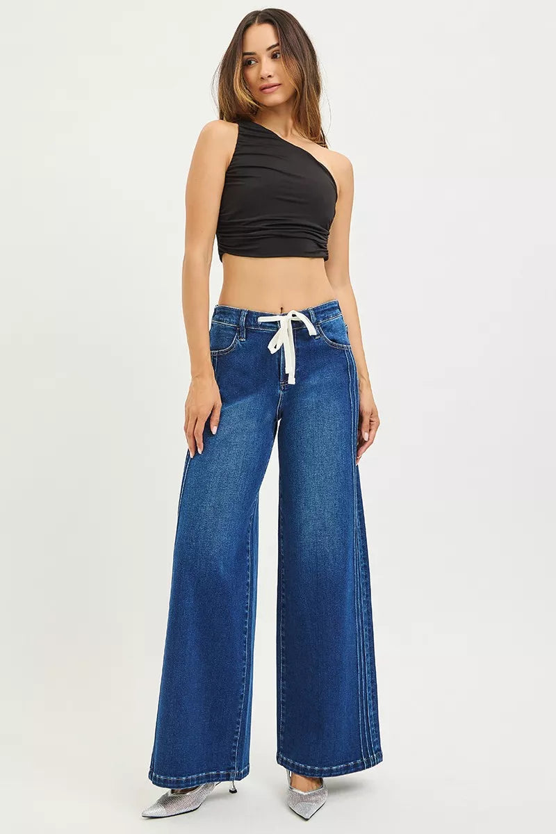 Mid Rise Wide Side Pintuck Jeans with Front Drawstring Plus Size in Dark for Women