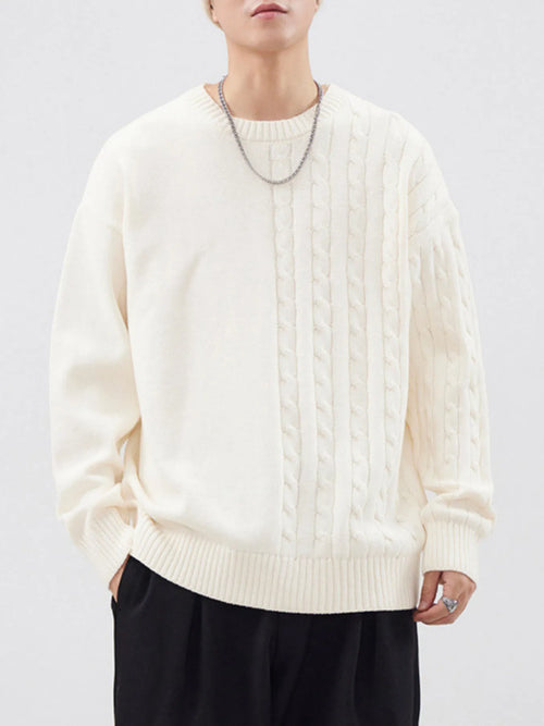 Cable Knit Long Sleeve Sweater Plus Size in Light Apricot for Men