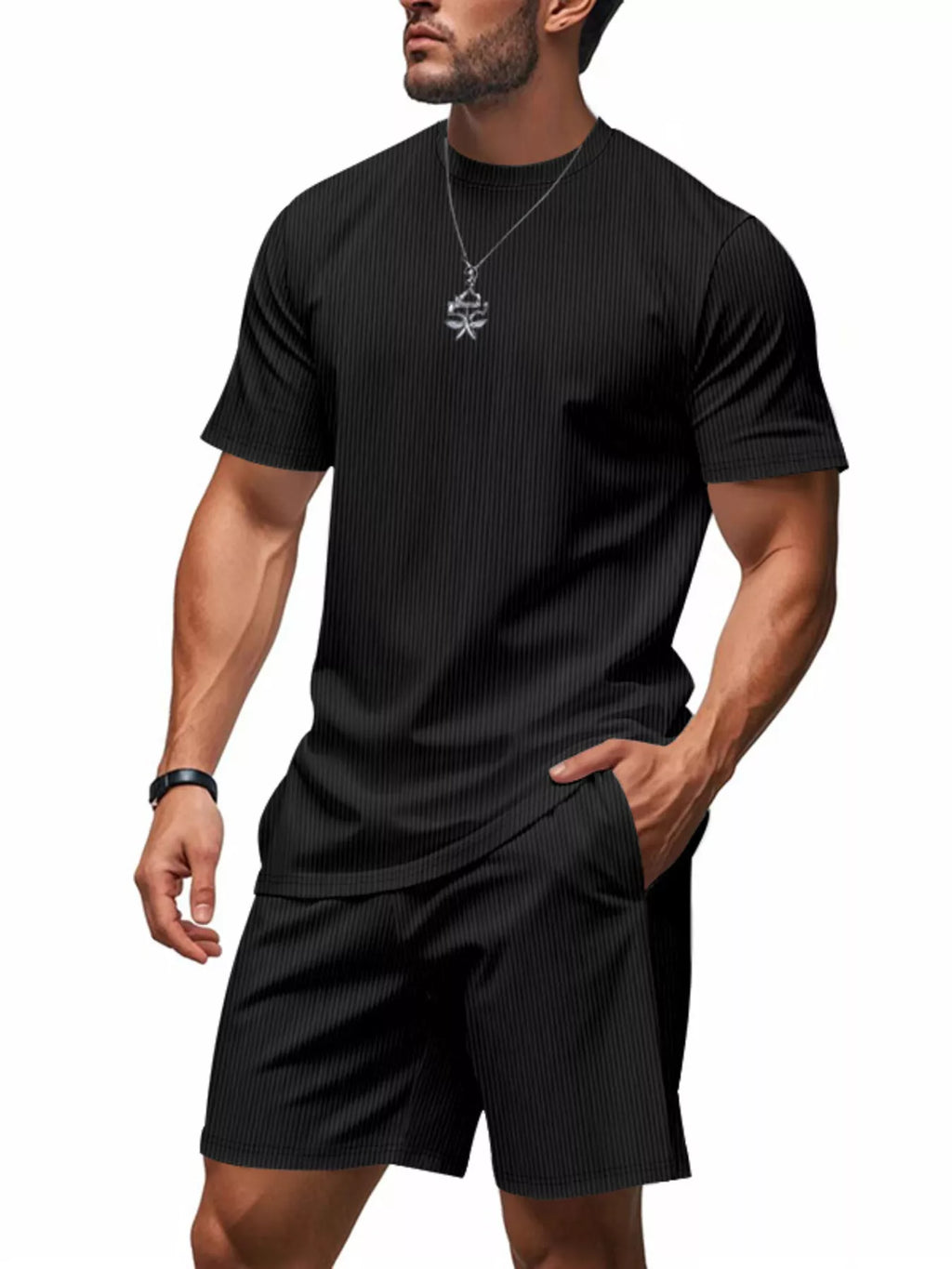 Casual Striped Top and Shorts Set Plus Size in Light Blue for Men