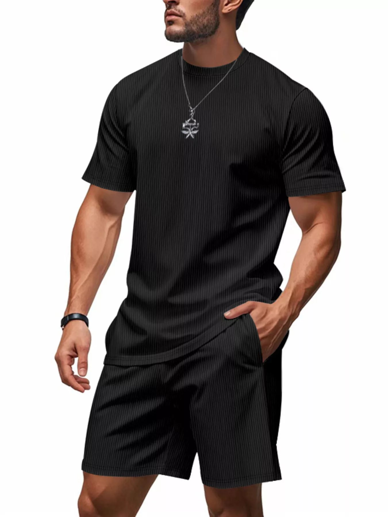 Casual Striped Top and Shorts Set Plus Size in Light Blue for Men