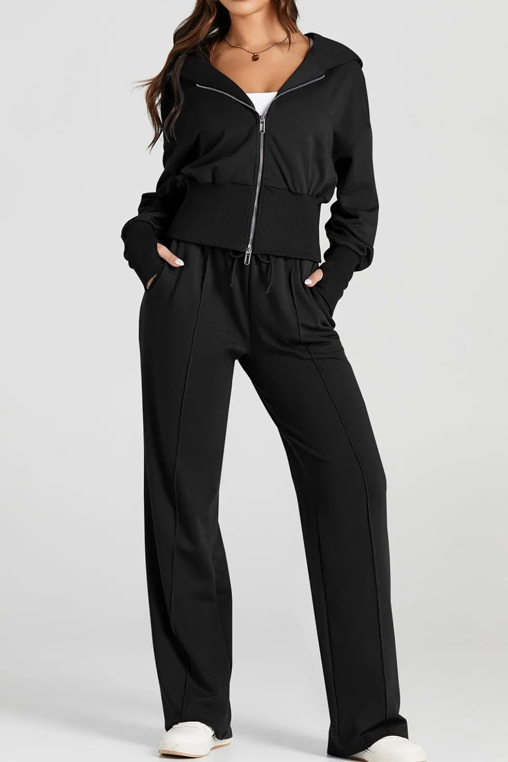 Zip-Up Hoodie and Pants Active Set in Light Blue for Women