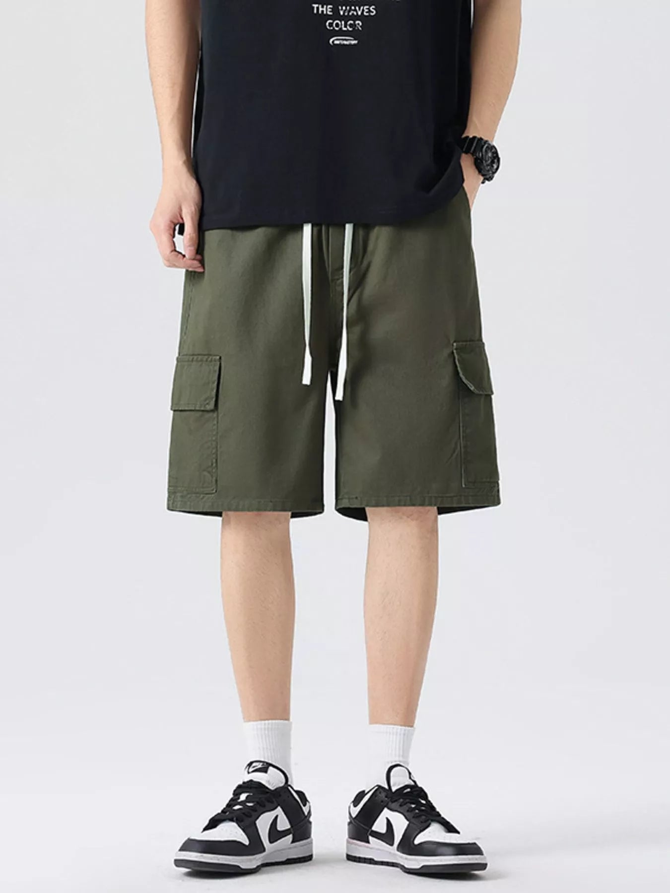 Drawstring Loose Fit Shorts Plus Size in Military Green in Khaki for Men