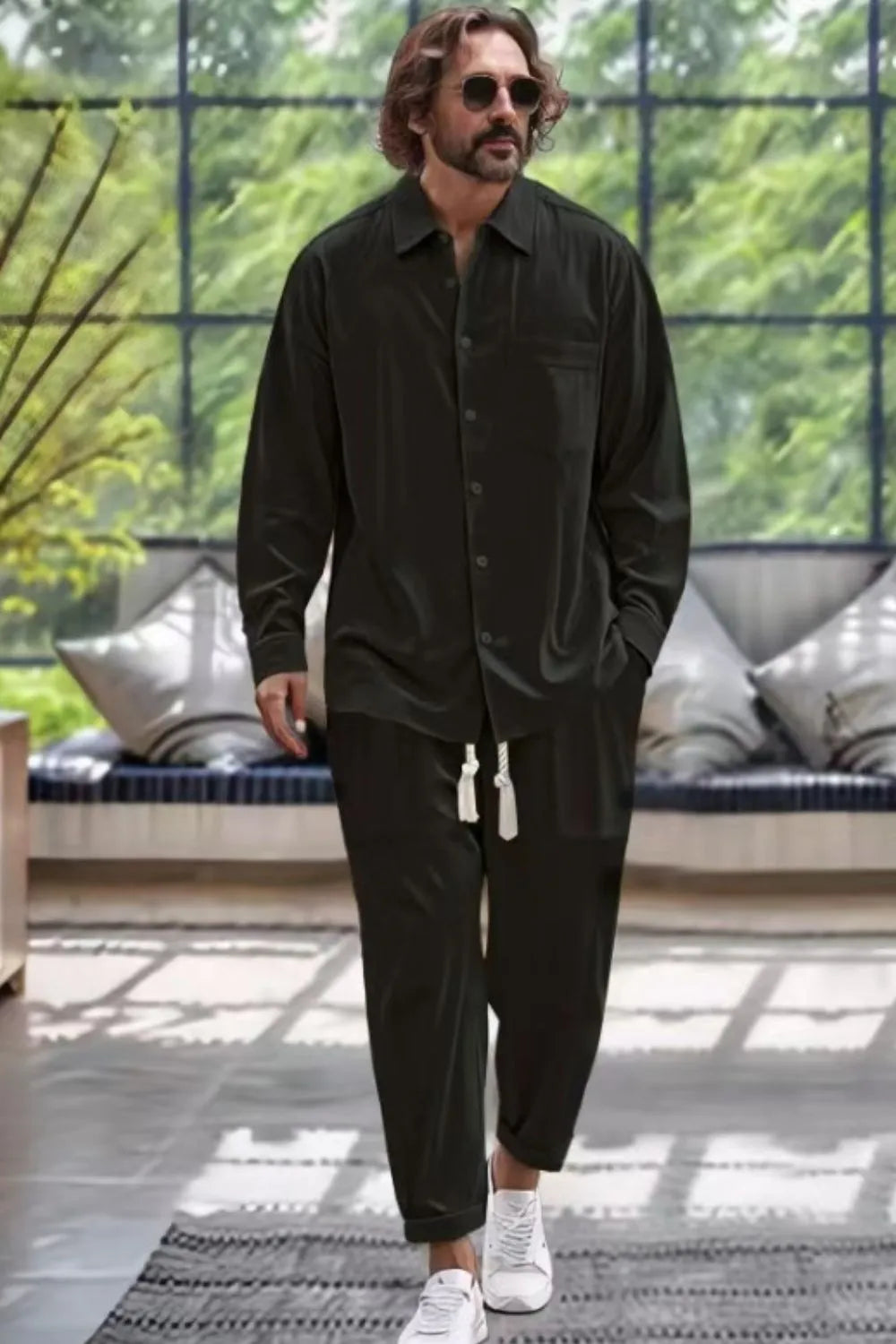 Collared Neck Long Sleeve Top and Pants Set Plus Size in Light Blue for Men