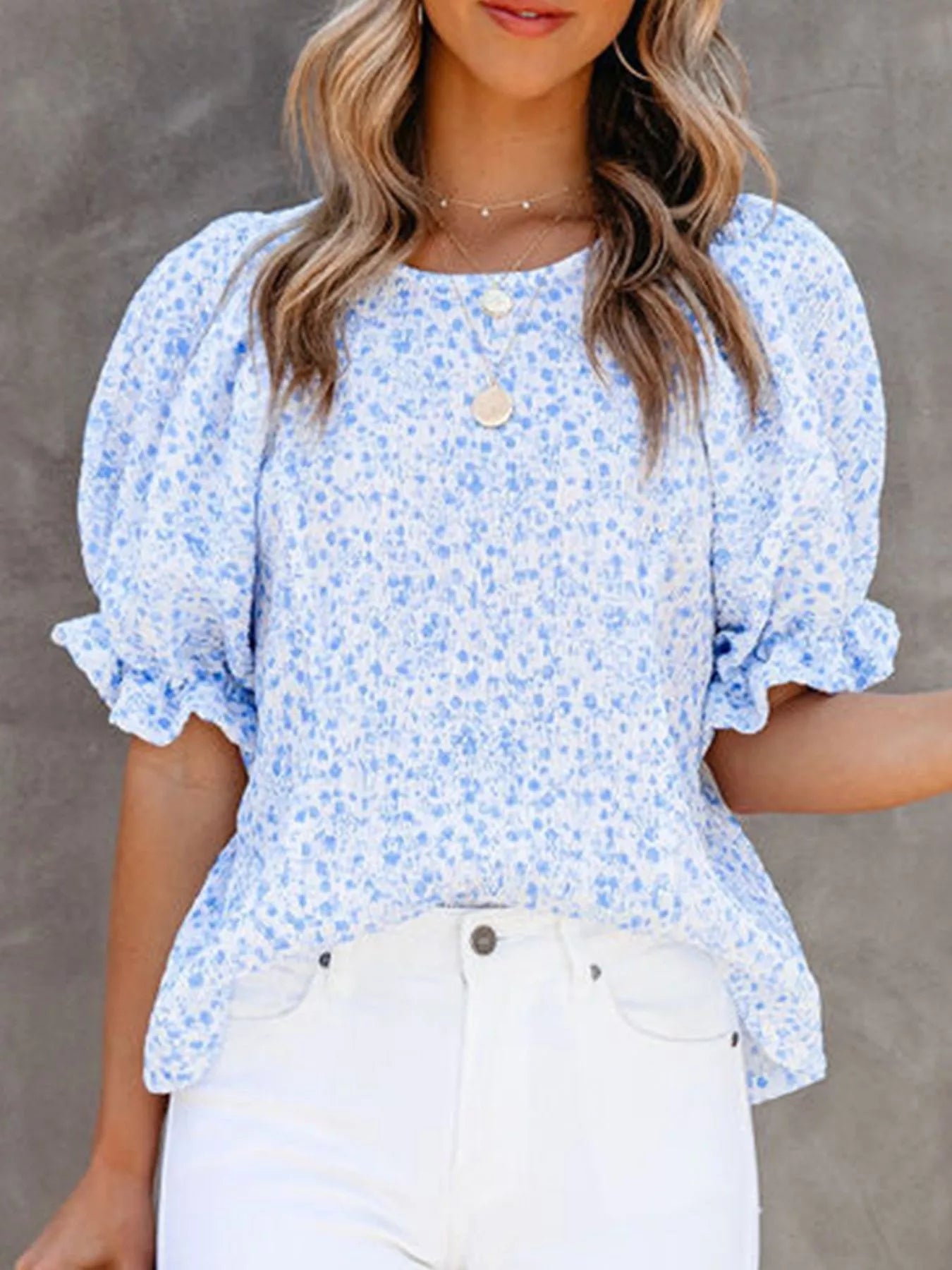 Floral Print Ruffle Sleeve Blouse Plus Size in Black for Women