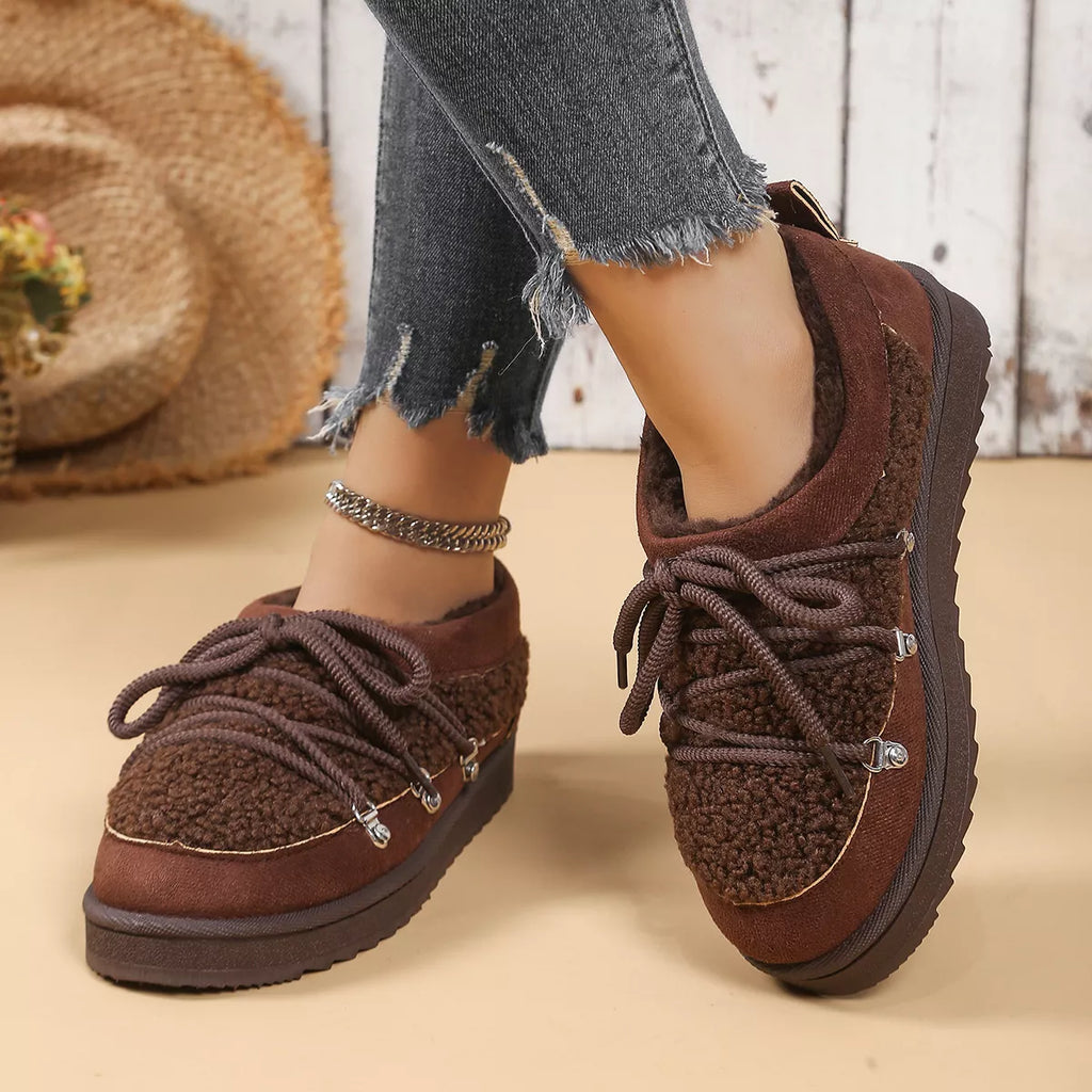 Lace Up Round Toe Platform Ankle Boots in Camel for Women