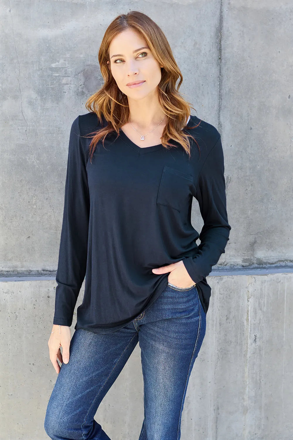 Plus Size V-Neck Long Sleeve Top in Dark Blue for Women