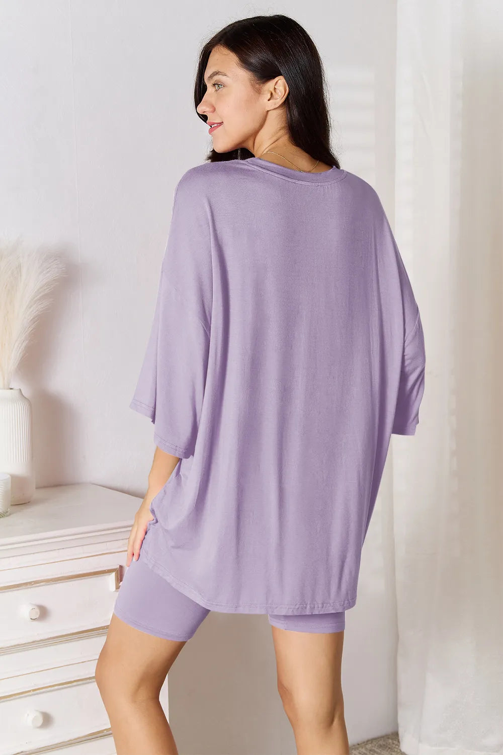Plus Size Soft Rayon Three-Quarter Sleeve Top and Shorts Set in Sky Blue for Women