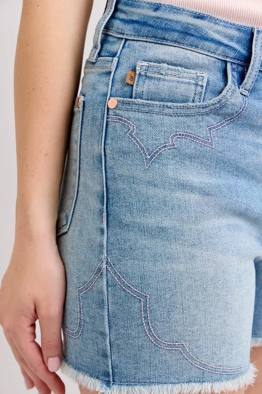High Waist Western Embroidery Detail Cut Off Denim Shorts Plus Size for Women