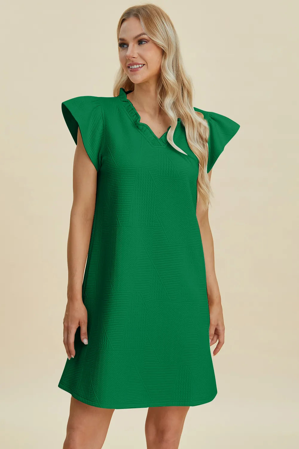 Plus Size Ruffled V-Neck Cap Sleeve Dress in Dark Green for Women