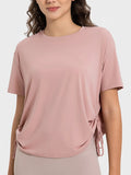 Drawstring Round Neck Short Sleeve Active T-Shirt in Dusty Pink for Women