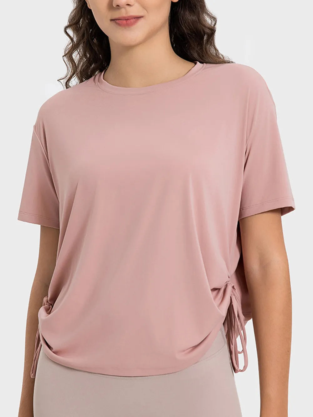 Drawstring Round Neck Short Sleeve Active T-Shirt in Dusty Pink for Women