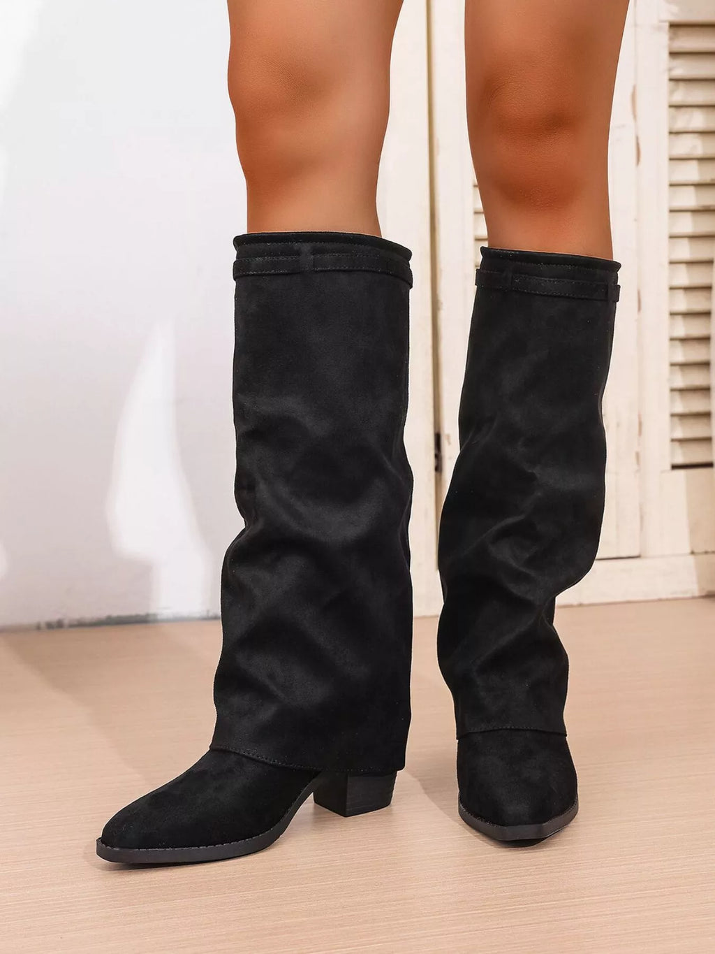Point Toe Block Heels Boots in Classic in Black for Women