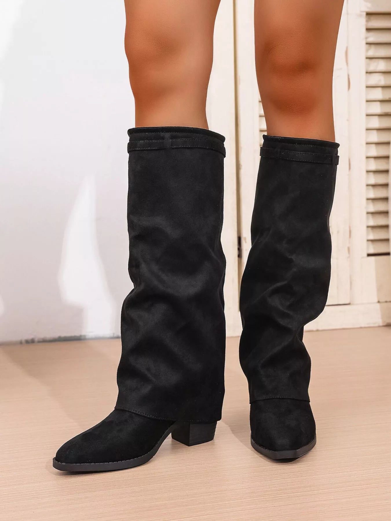 Point Toe Block Heels Boots in Classic in Black for Women