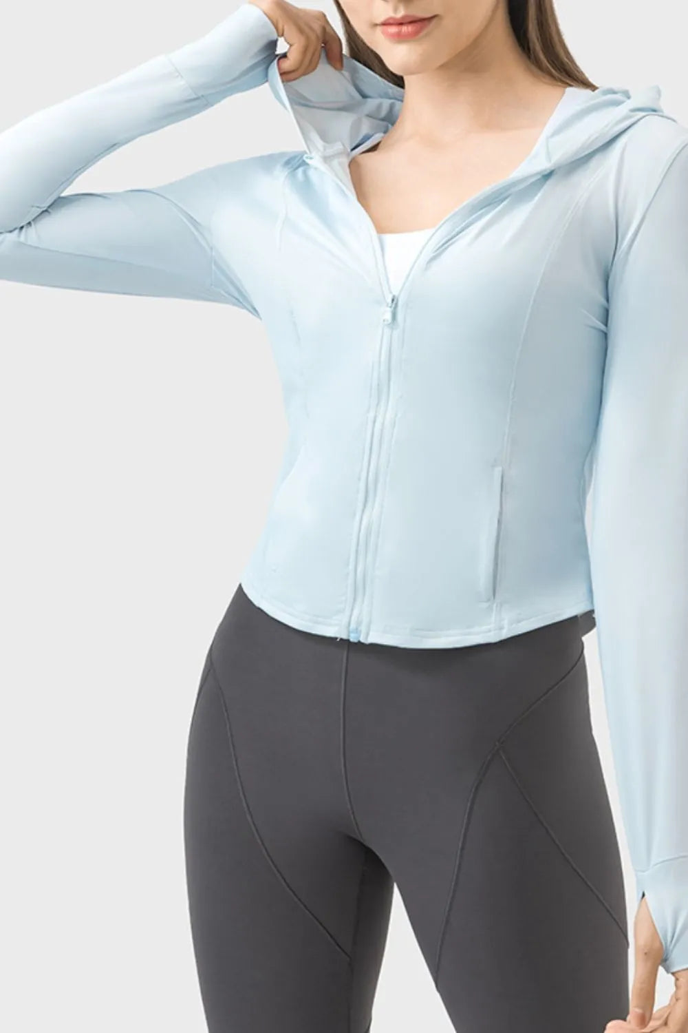 Pocketed Zip Up Hooded Long Sleeve Active Outerwear in Light Blue for Women