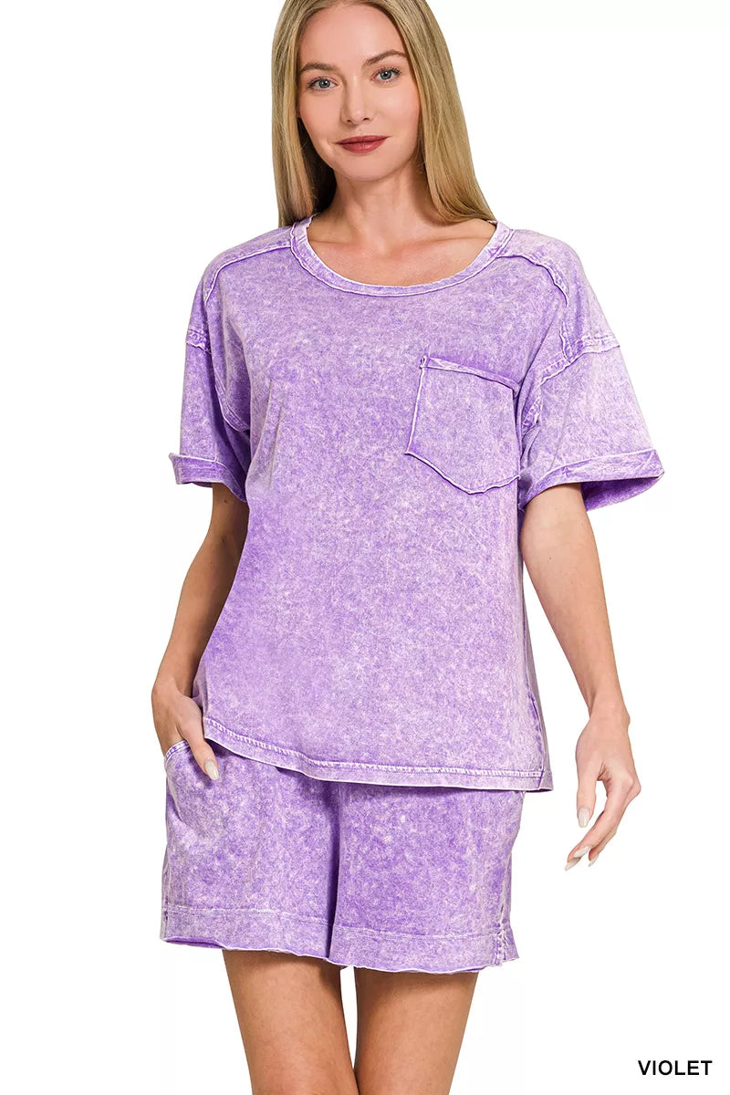 Halo Snow Washed Exposed Seam Top & Shorts Set in Violet for Women