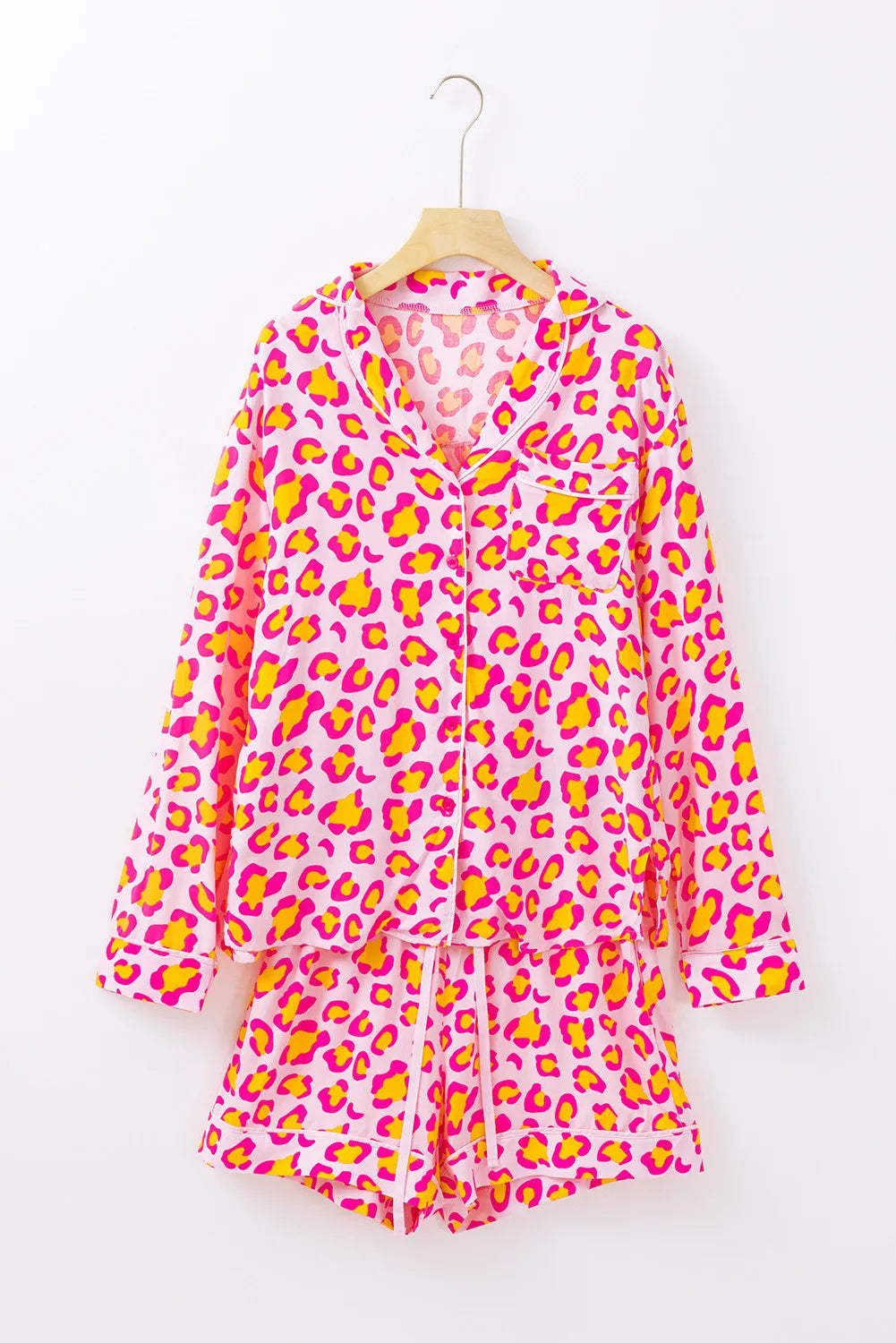 Leopard Collared Neck Long Sleeve Top and Shorts Lounge Set in Pink for Women