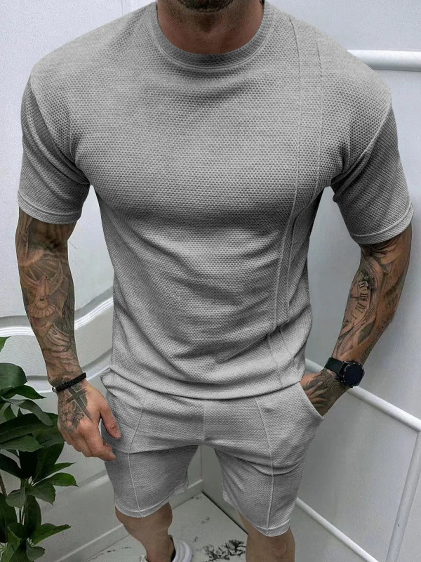 Round Neck Tee and Shorts Set Plus Size in Khakis for Men