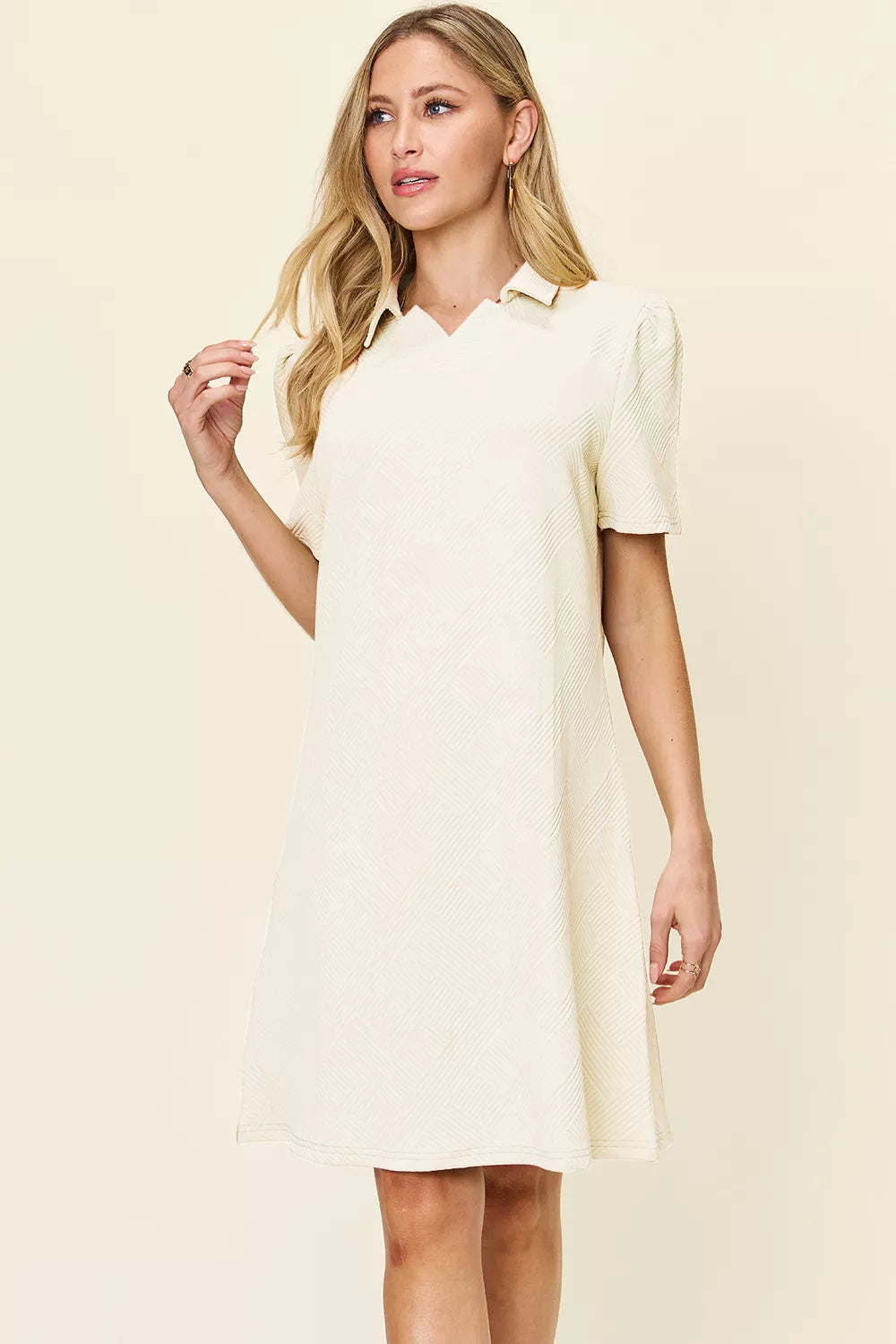 Plus Size Texture Collared Neck Short Sleeve Dress in Lavender for Women