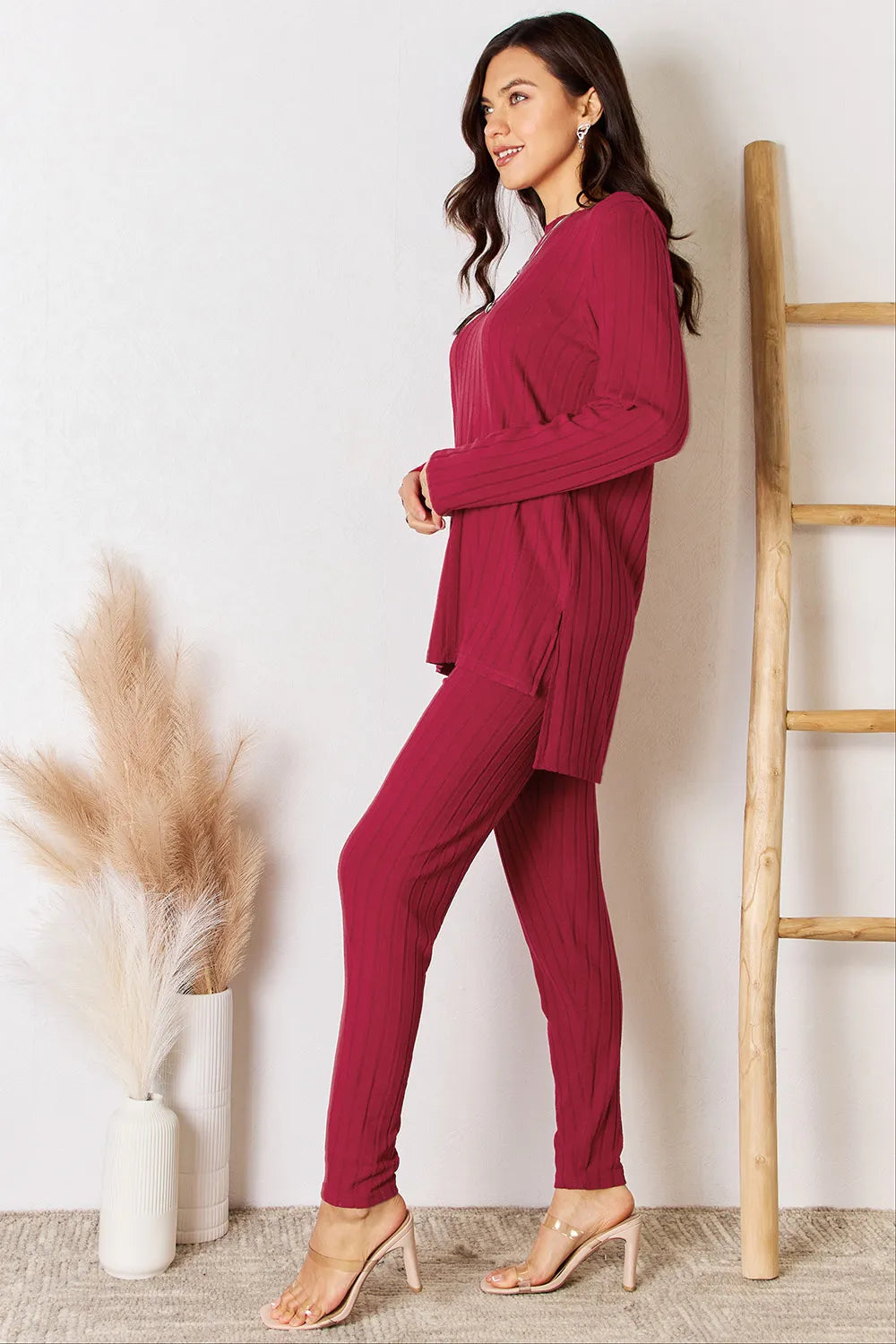 Plus Size Ribbed Round Neck High-Low Slit Top and Pants Set in Deep Red for Women