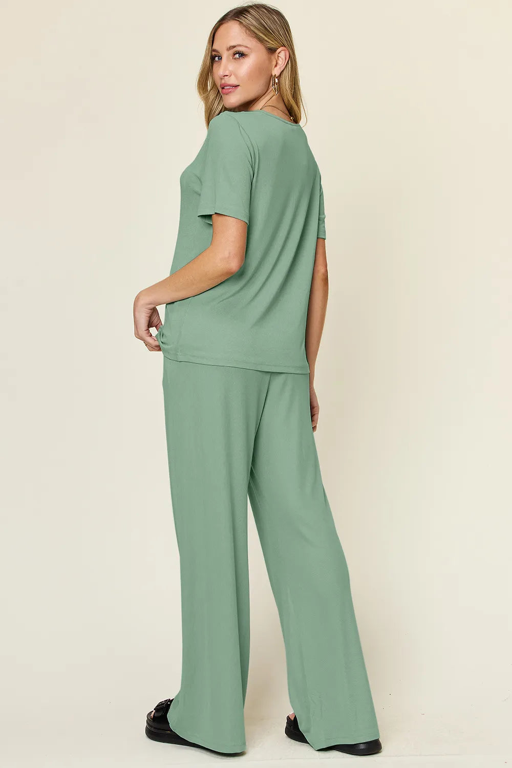 Plus Size Round Neck Short Sleeve T-Shirt and Wide Leg Pants Set in Coral for Women