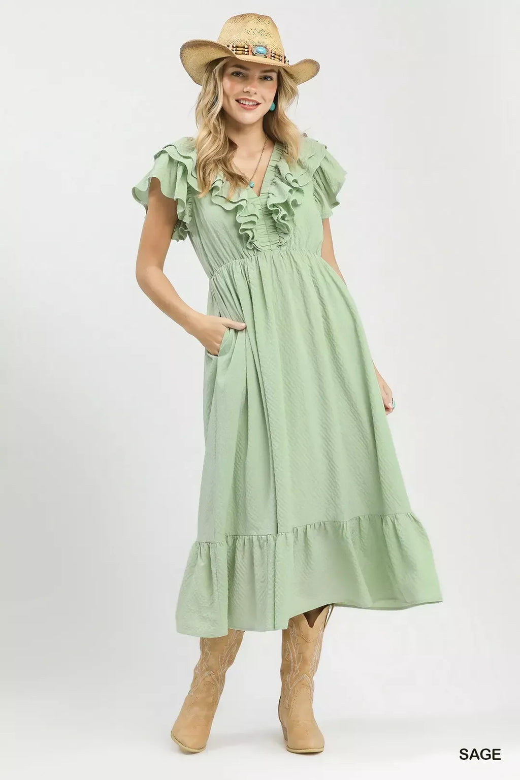 Textured Ruffle Midi Dress in Sage for Women