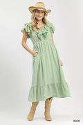 Textured Ruffle Midi Dress in Sage for Women