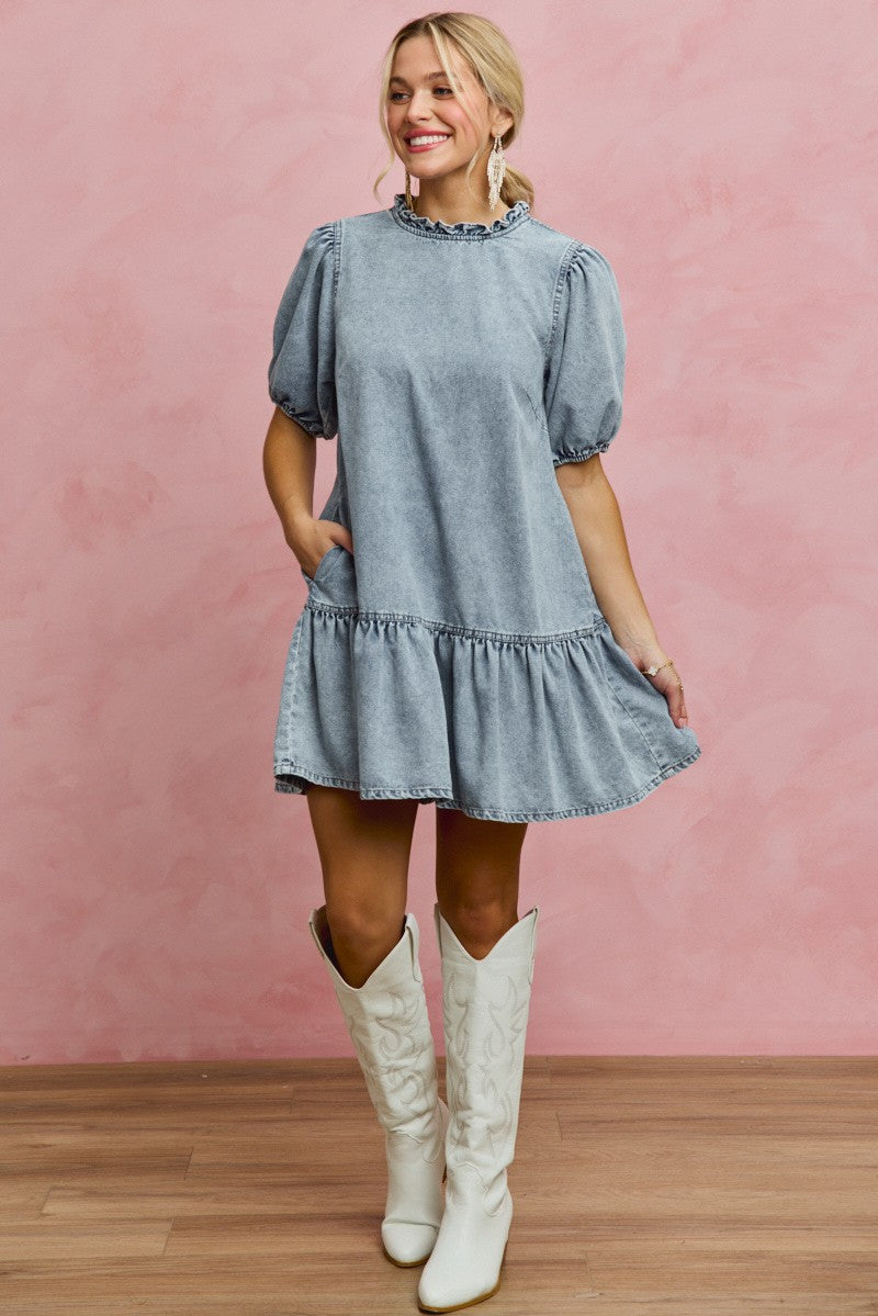 Denim Short Sleeves Mini Tiered Dress for Women
