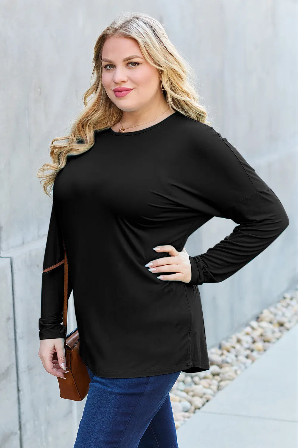 Plus Size Round Neck Dropped Shoulder T-Shirt in Dark Gray for Women