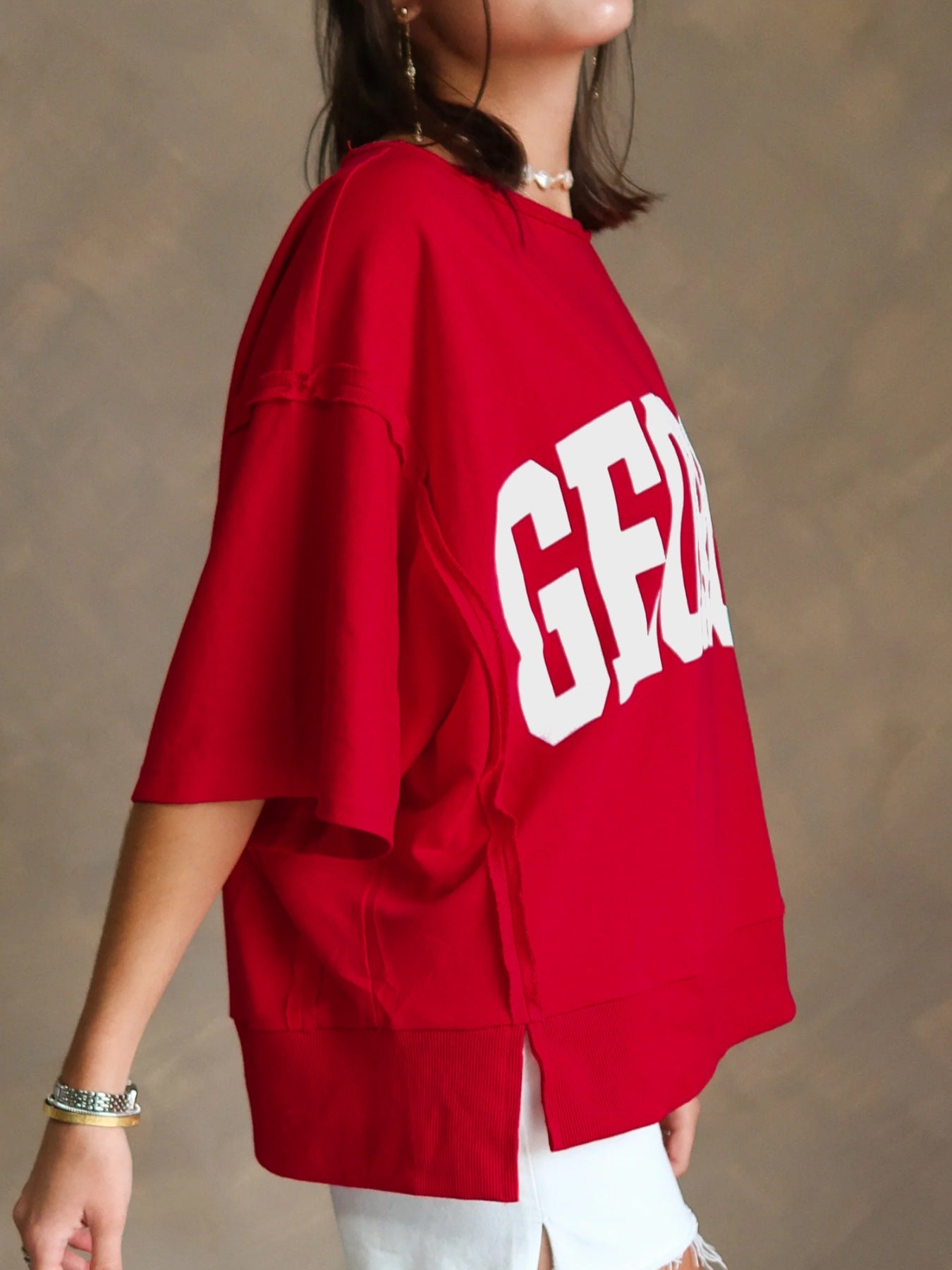 Georgie Letter Raw Seam Drop Shoulder Loose Tee in Deep Red for Women