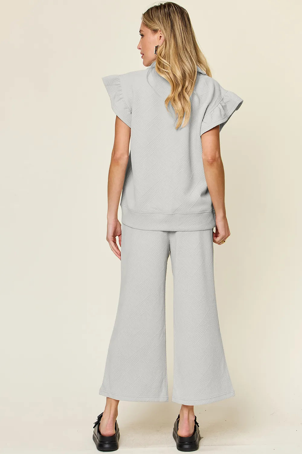 Texture Ruffle Short Sleeve Top and Drawstring Wide Leg Pants Set in Cream for Women
