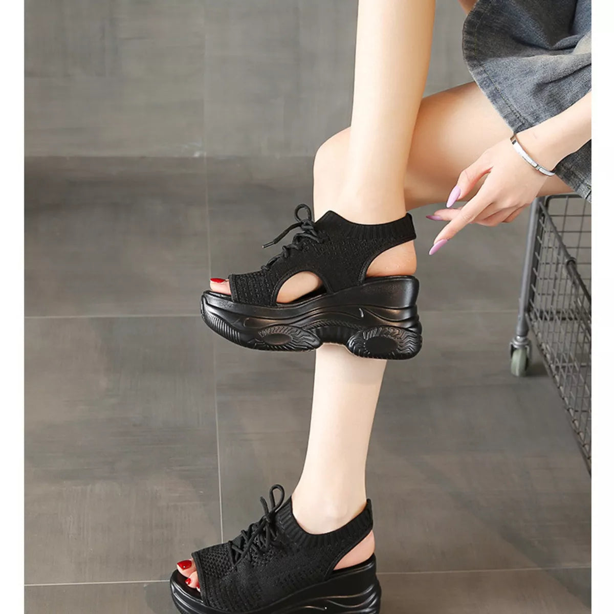 Lace Up Platform Sandals in Black for Women