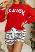Letter Graphic Round Neck Top and Printed Shorts Lounge Set in Deep Red for Women