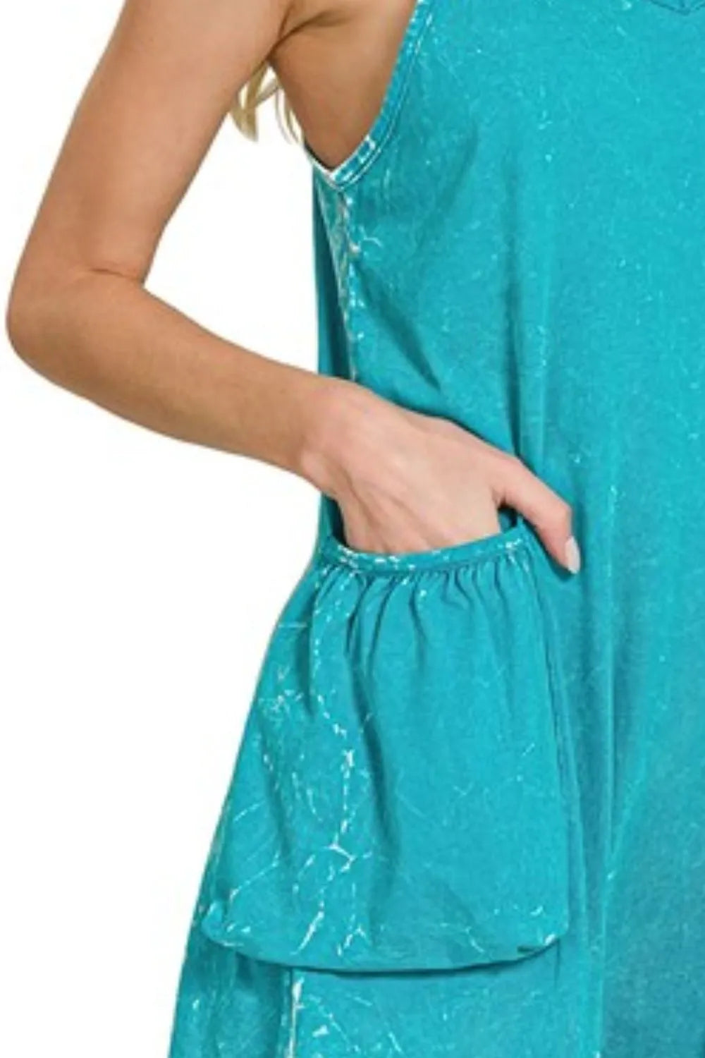 Acid Crinkle Washed Spaghetti Strap Romper in Light Teal for Women