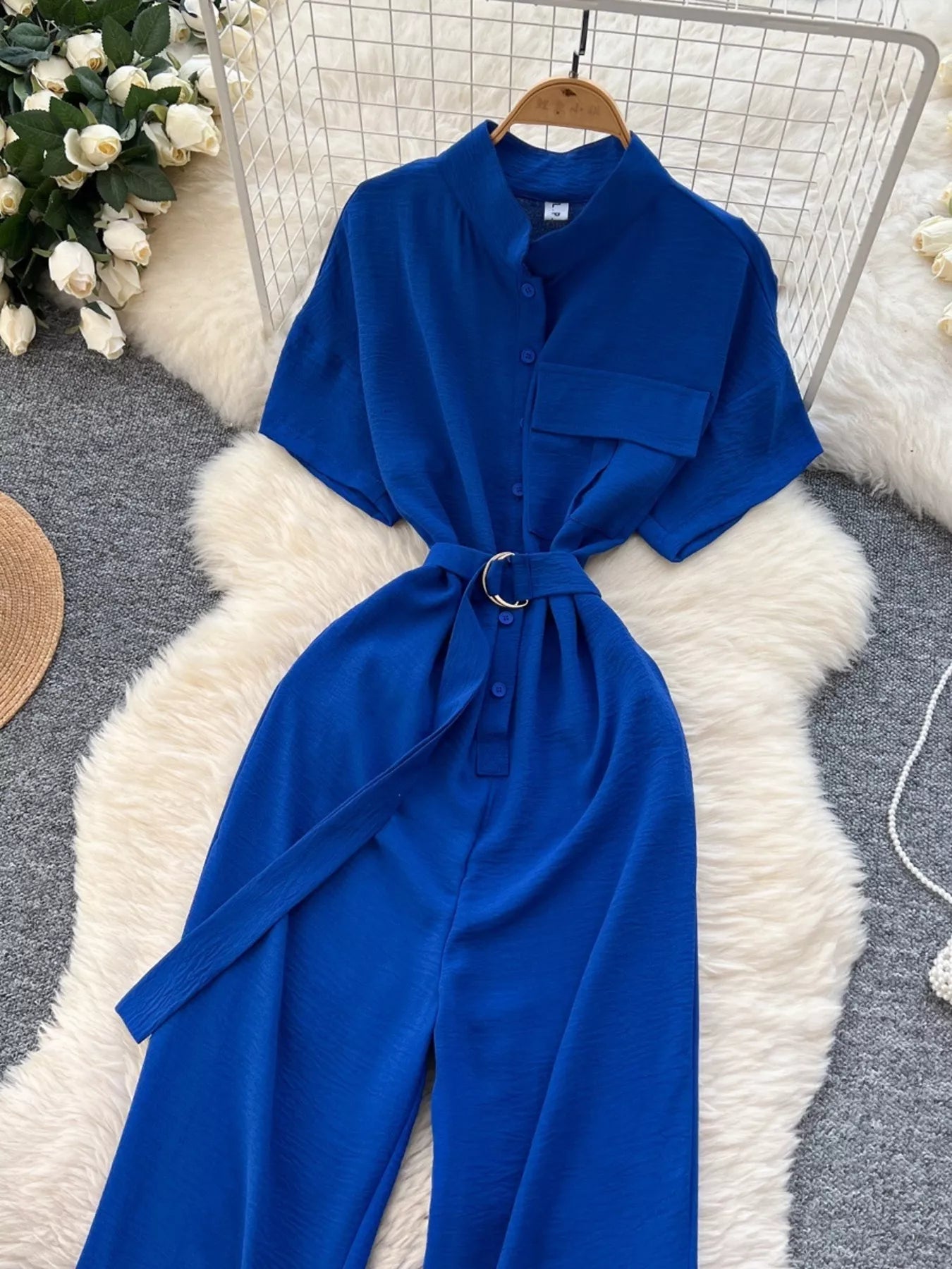 Red Button Front Wide Leg Jumpsuit for Women