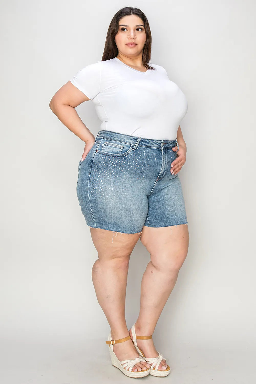 Plus Size High Waist Raw Hem Denim Shorts for Women